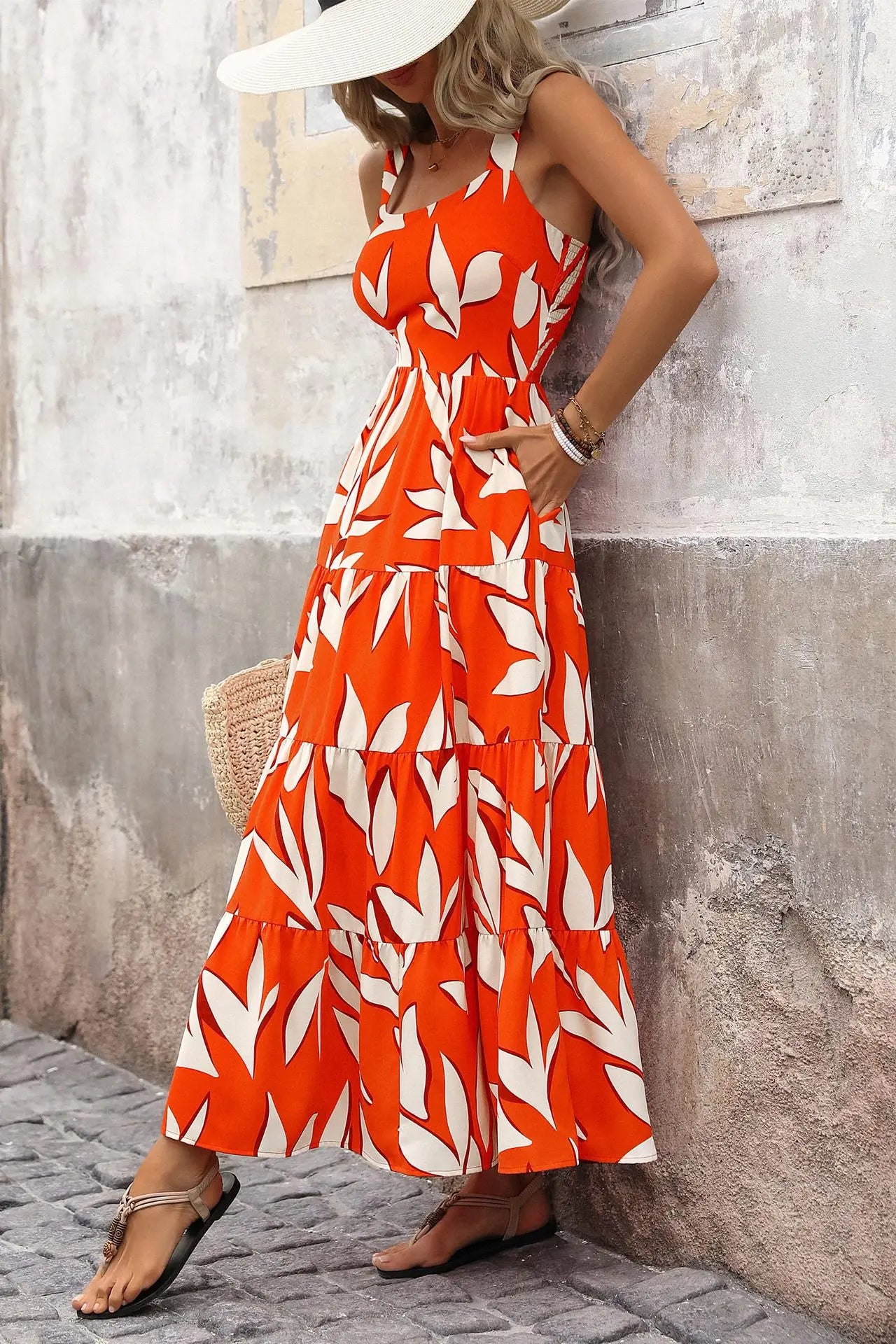 Women summer leaf print tank dress boho fashion casual ruffle trim long dress