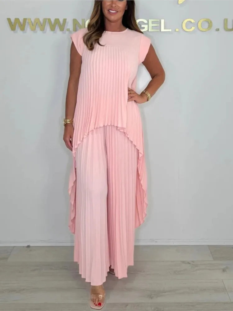 Women Summer Solid Casual Holiday Two Piece Sets Elegant Pleated Irregular O Neck Sleeveless Top + Wide-leg Pants Loose Outfits