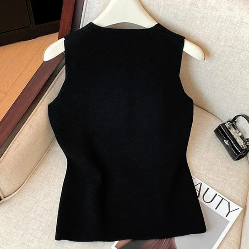 Women Elegant Flower Buttons O Neck Sleeveless Sweater Slim waistcoat