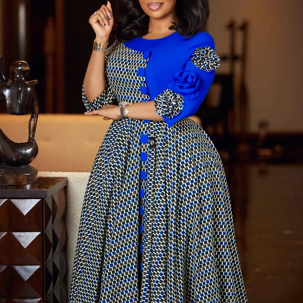 Women Elegant Dresses for Fall Fashion African 3/4 Sleeve Party Birthday New  Chic 3D Flower Plaid Evening A-Line Dress