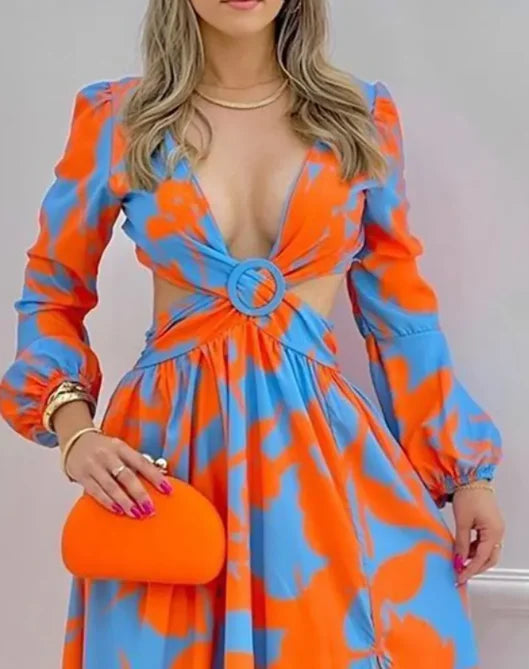 Ladies Spring Long Sleeved Cutout V-Neck Twist  Elegant Tie Dyed Floral Printed Lantern Sleeve Split Thigh Maxi Dress