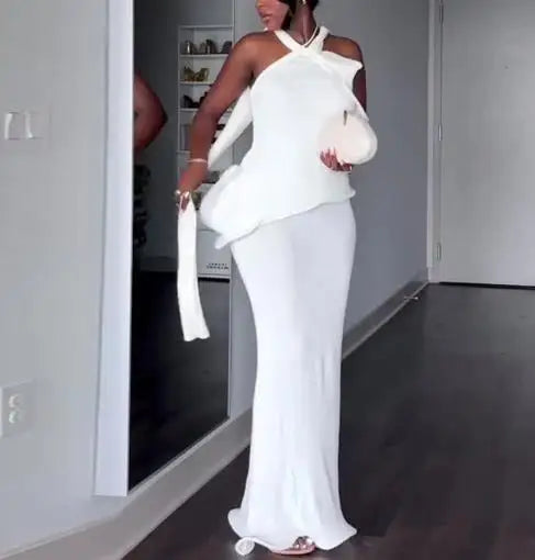 Women Spring New Hanging Neck Solid Color Sexy Backless Elegant Temperament Slim Fit Hip Hugging Long Dress