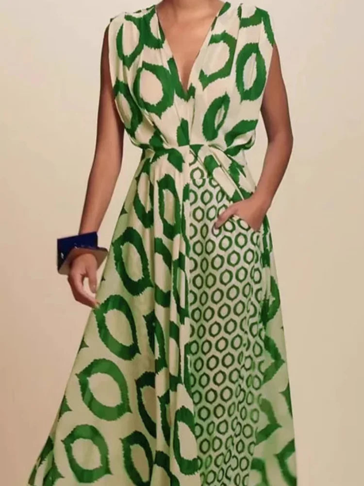 Ladies Two-piece Suit Printed Sleeveless V-Neck Lace-Up Top + Slim-Fit Trousers Set