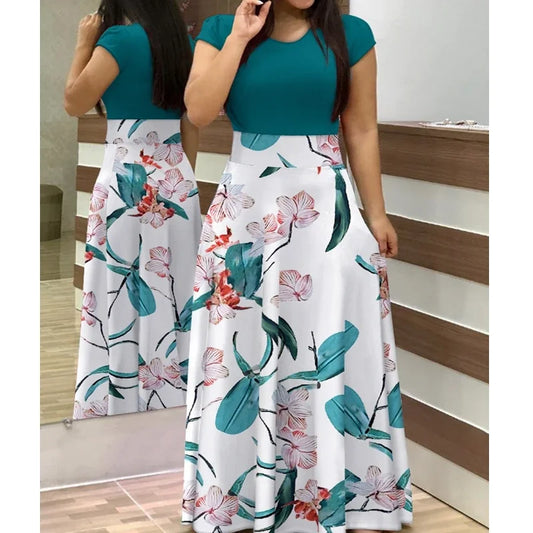 Women O Neck Floor Length Long Maxi High Waist Dress Spring Summer Contrast Tropical Print Short Sleeve Maxi Dress