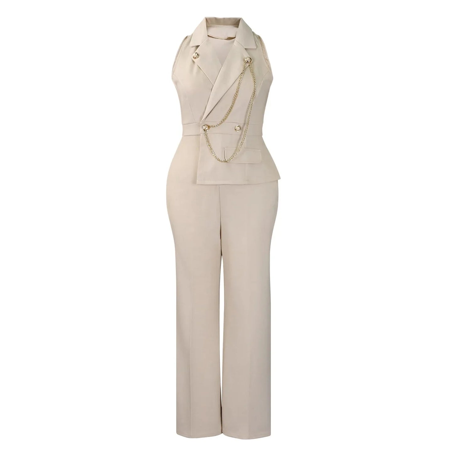 Women fashionable sexy chain collar wide leg jumpsuit casual style