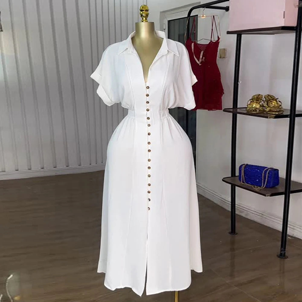 Women Classy new fashion short sleeve long maxi single breasted birthday party shirt dresses