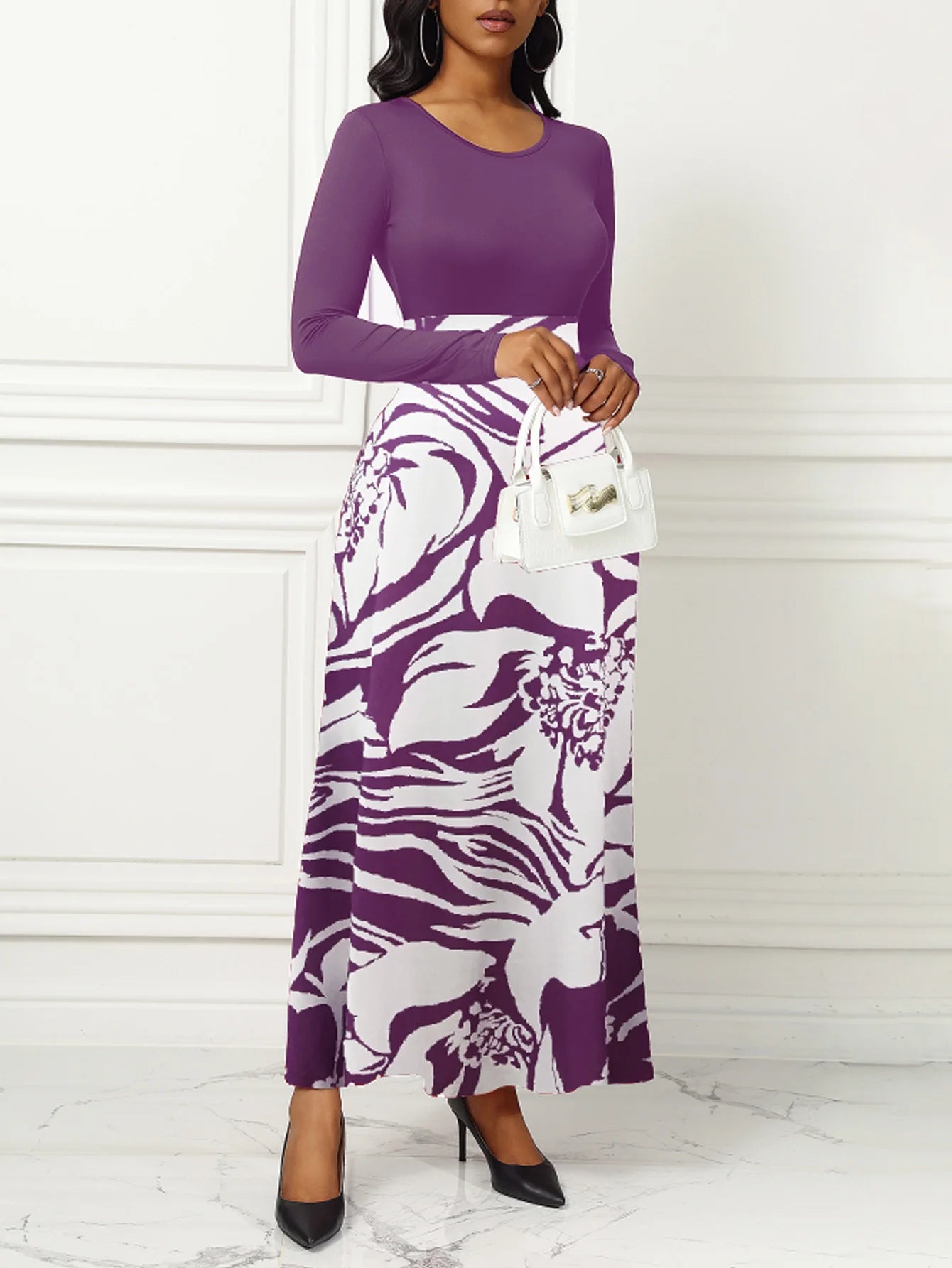 Women Long Sleeve Round Neck Printed Hem Long Purple Elegant Style dress