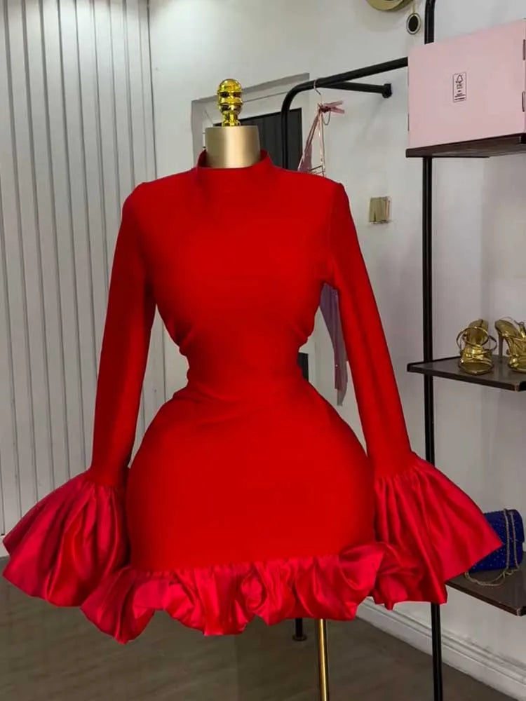 Women High Waisted Dress for Stand Collar Party Red Midi Dresses with Ruffle Around Female Spring Sexy   Dress