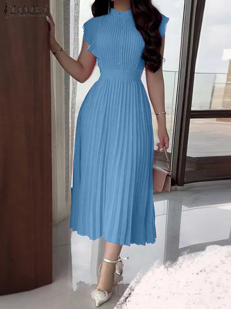 Women ZANZEA  Summer Sleeveless Pleated Vestidos Casual OL Work Sundress Zippers Fashion Solid Turtleneck Robe