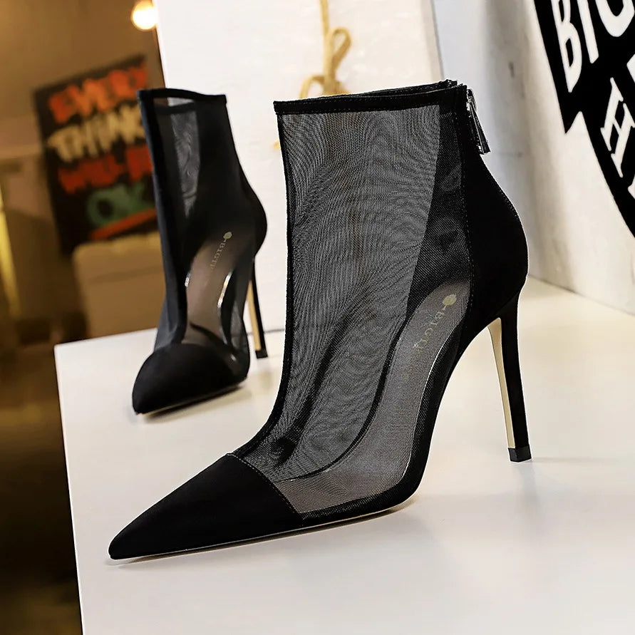 Women elegant Black Perspective Sexy Pointy Toe Autumn Breathable Back Zipper high heel Ankle Boot