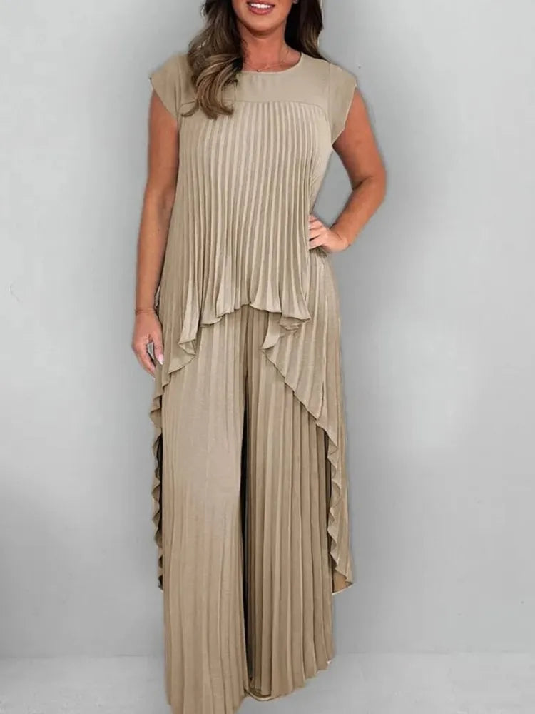Women Summer Solid Casual Holiday Two Piece Sets Elegant Pleated Irregular O Neck Sleeveless Top + Wide-leg Pants Loose Outfits
