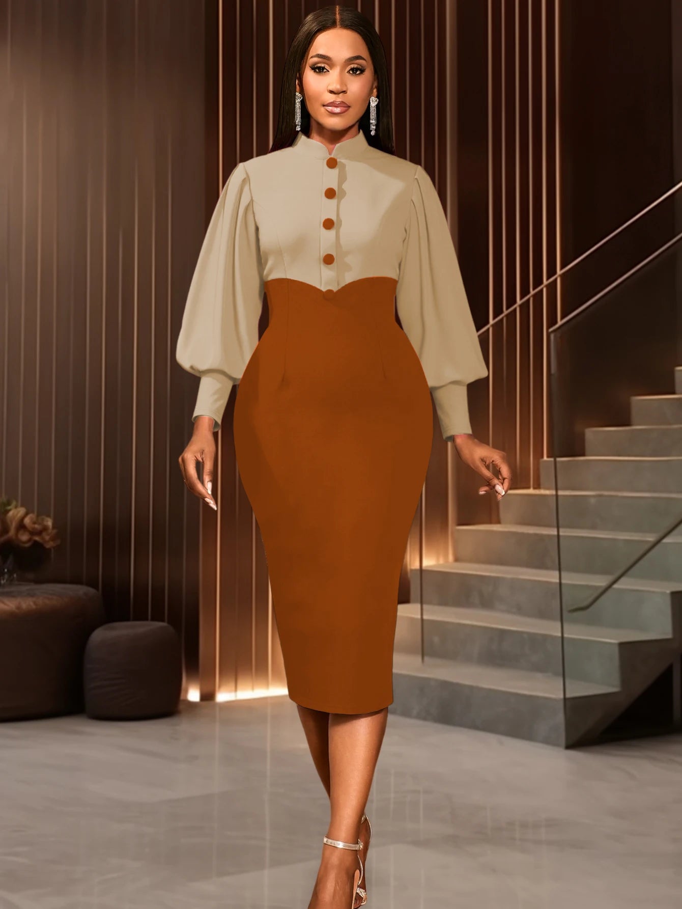 Women Elegant Mock Neck Long Lantern Sleeves Buttom Up Color Block Package Hip church Party Office Business dresses