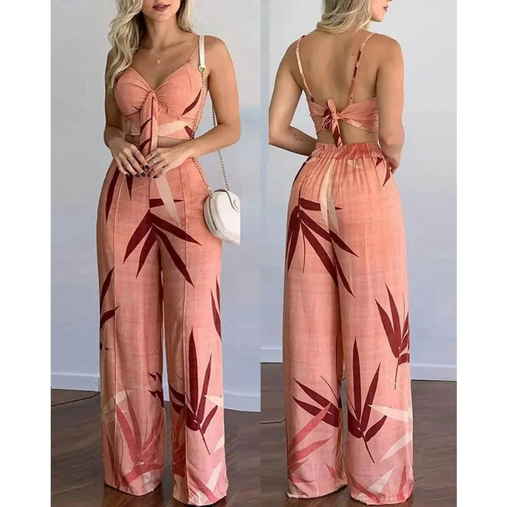 Women Summer Tropical Print Spaghetti Strap Casual Lace up Back Top &High Waist Pants Set 2 Pieces Suit Sets