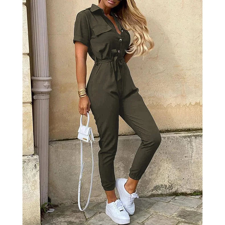 New Women jumpsuit casual workwear summer romper with print button up lapel waist belt slim fit onepiece