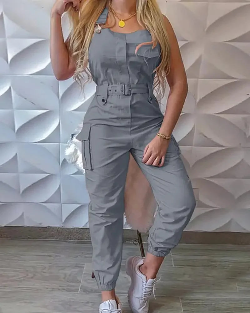 Women Fashion Strap Jumpsuit  Loose Dungarees Long Rompers Summer Solid Pockets Cargo Pants