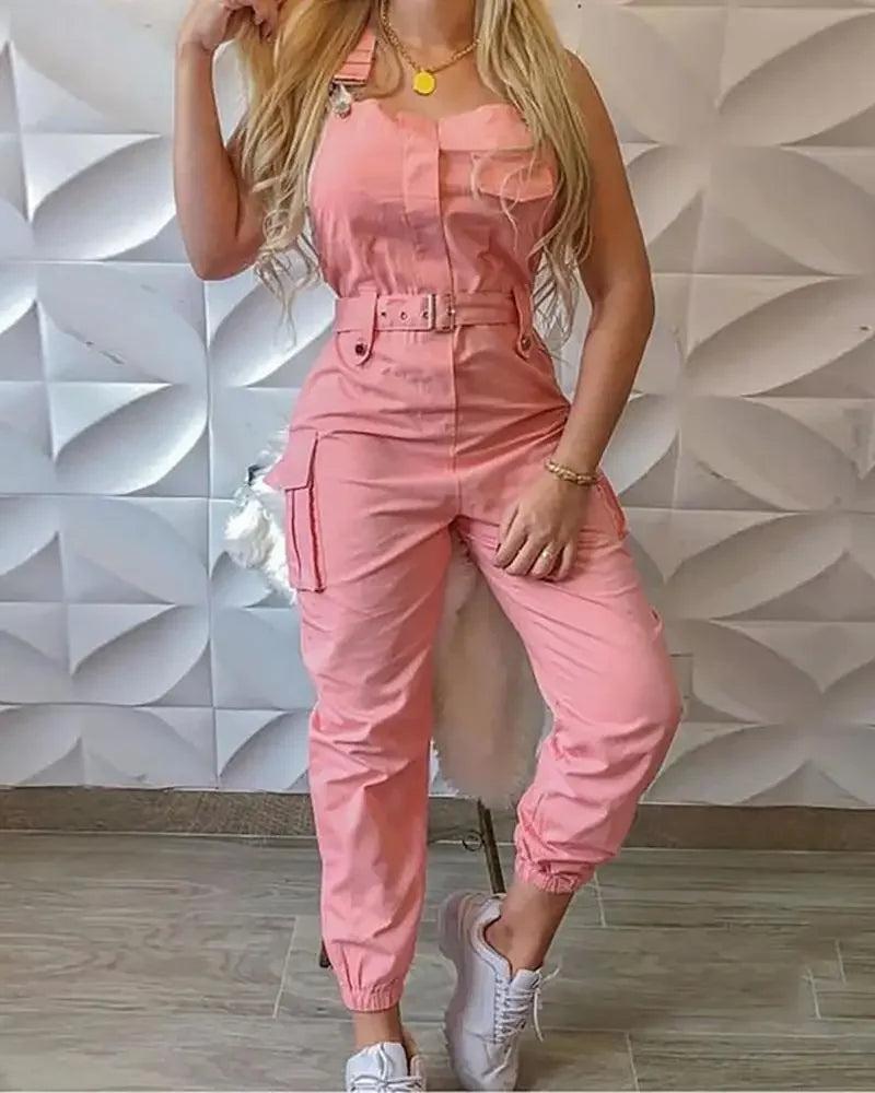 Women Fashion Strap Jumpsuit  Loose Dungarees Long Rompers Summer Solid Pockets Cargo Pants