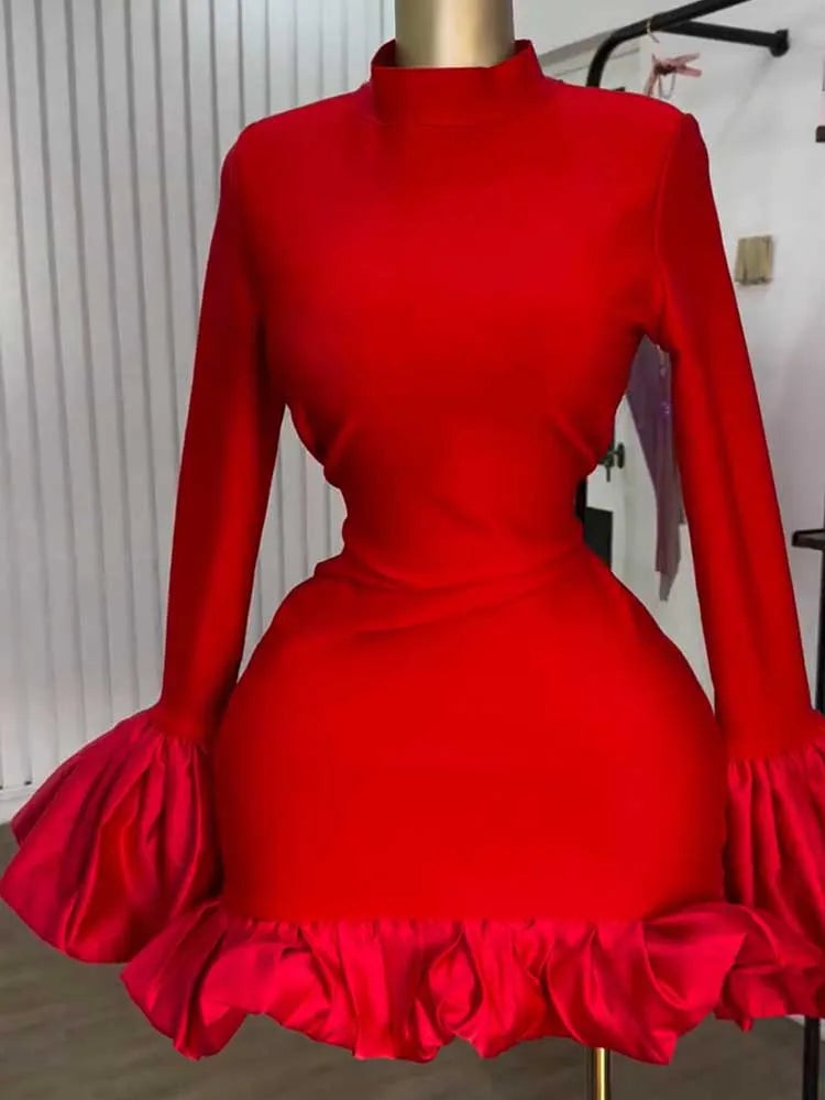 Women High Waisted Dress for Stand Collar Party Red Midi Dresses with Ruffle Around Female Spring Sexy   Dress