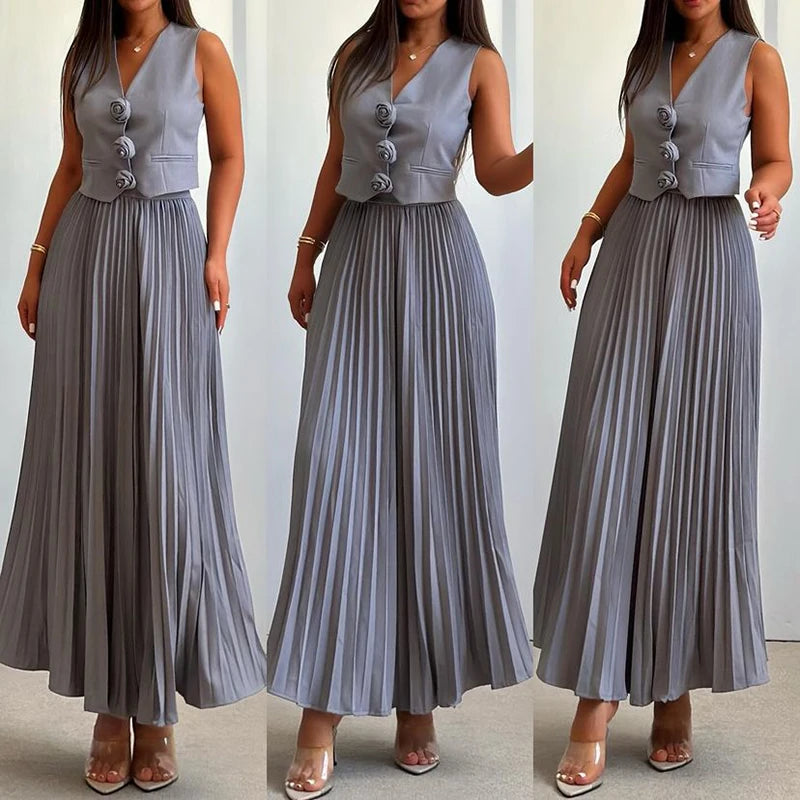 Women Sexy Sleeveless V Neck Vest Match Fold Skirt Suit Fashion Solid Color Commute 2 Piece Set Elegant Lady Formal Occasions Outfits