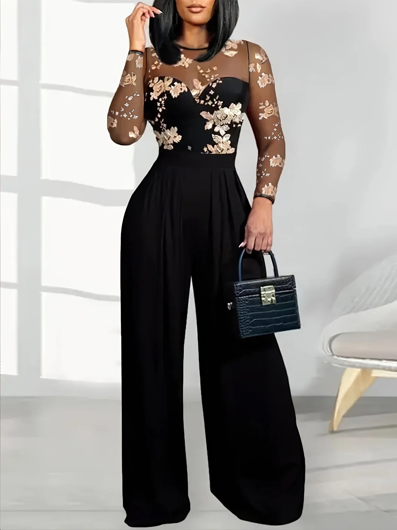 Women jumpsuit with sheer floral embroidered wide leg design idea for evening