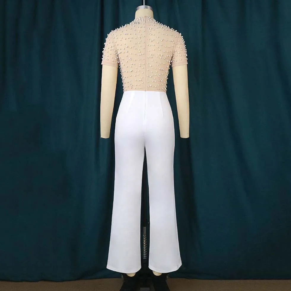 Women Elegant Jumpsuits & Rompers for  O Neck Short Sleeve Beaded High Waisted Luxury Female Birthday Dinner Party Overalls Outfit