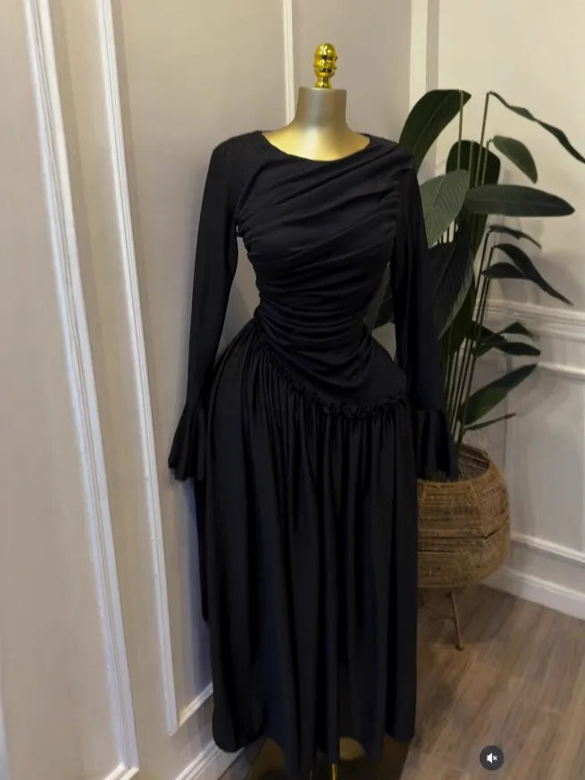 Women O-neck Long Sleeve Pleated Inner A-line  Evening Sexy Party Birthday Vacation Long Maxi Dresses Vestidos