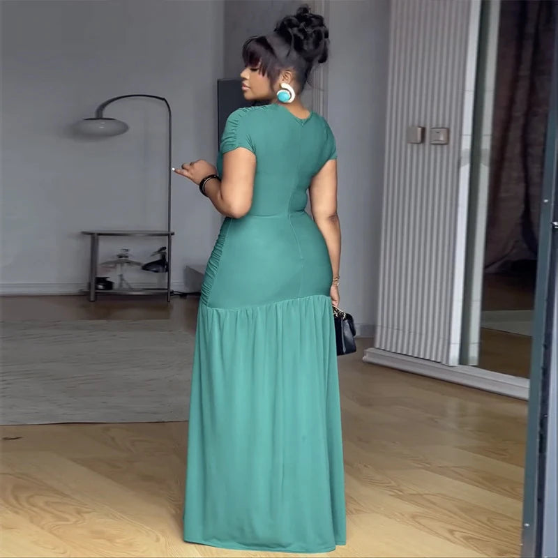 Women New Design Short Sleeve V Neck Slim Rushed Waist High Waist Long Dress