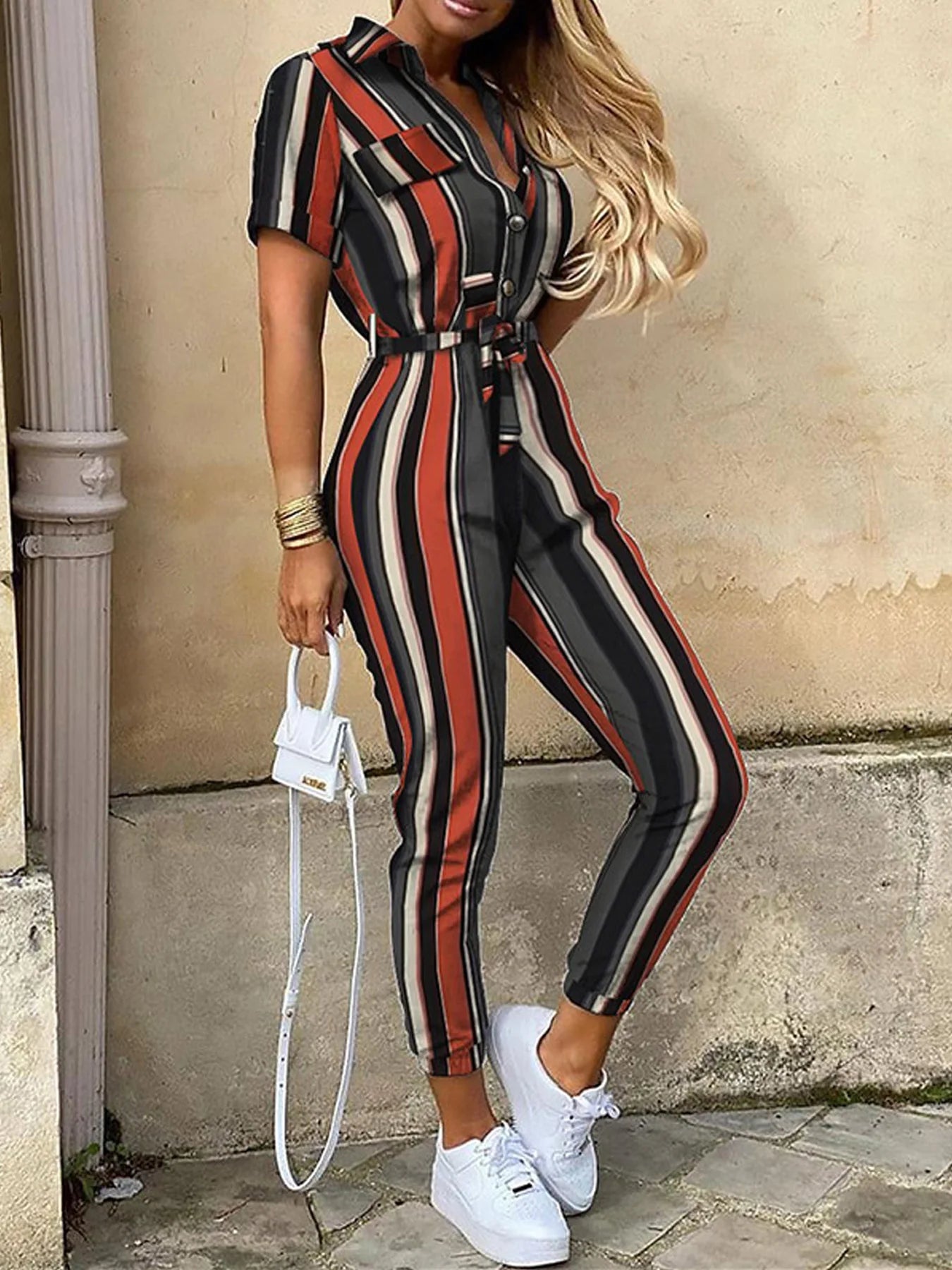 New Women jumpsuit casual workwear summer romper with print button up lapel waist belt slim fit onepiece