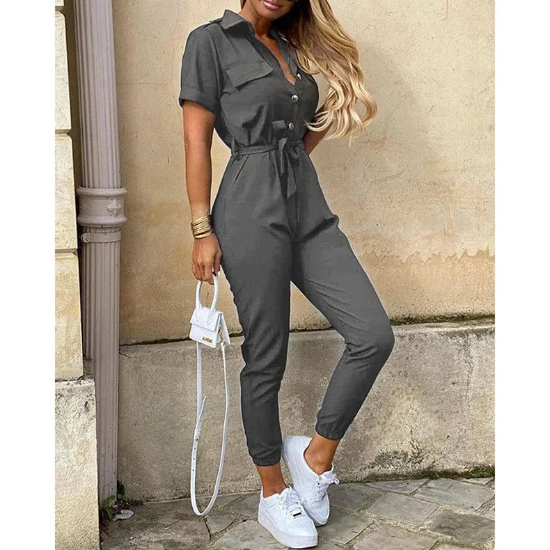 New Women jumpsuit casual workwear summer romper with print button up lapel waist belt slim fit onepiece