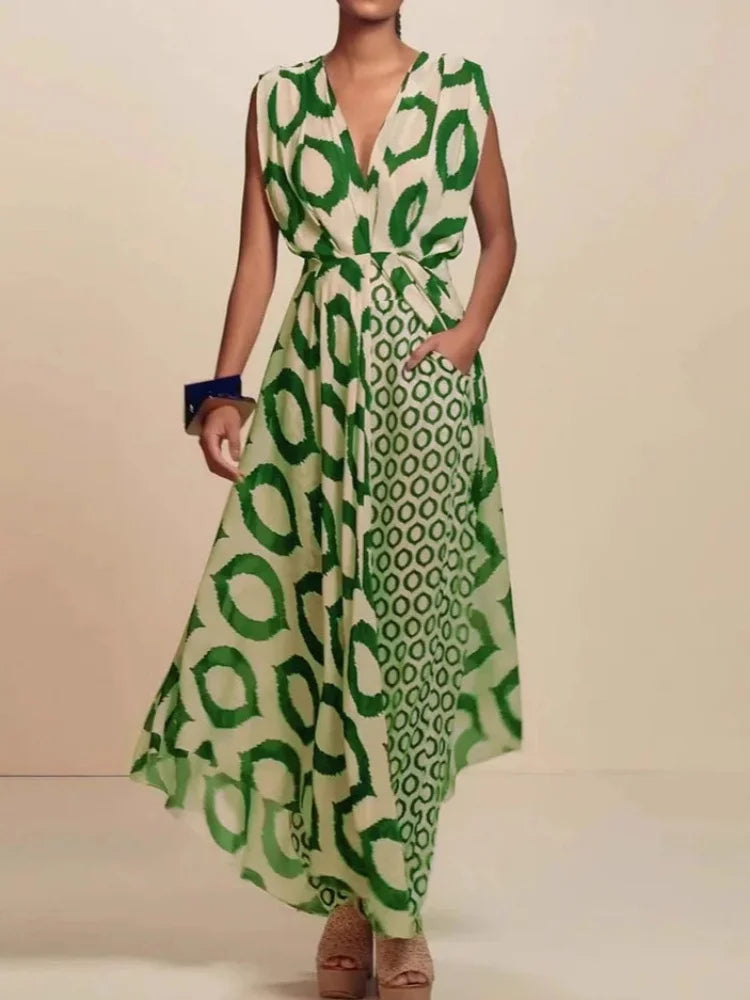 Ladies Two-piece Suit Printed Sleeveless V-Neck Lace-Up Top + Slim-Fit Trousers Set