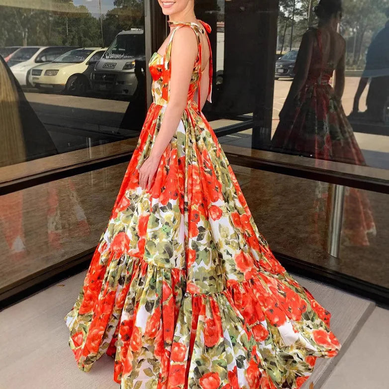 Women New Orange-red Anemone Flower Pattern French Button Suspender Long Dress