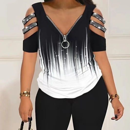 Women Short Sets Zippers Print V Neck Pullover Tops Tracksuit Two Pieces Sheath Pencil Pants High Waist  Summer