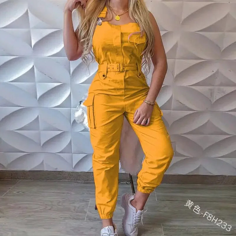 Women Fashion Strap Jumpsuit  Loose Dungarees Long Rompers Summer Solid Pockets Cargo Pants