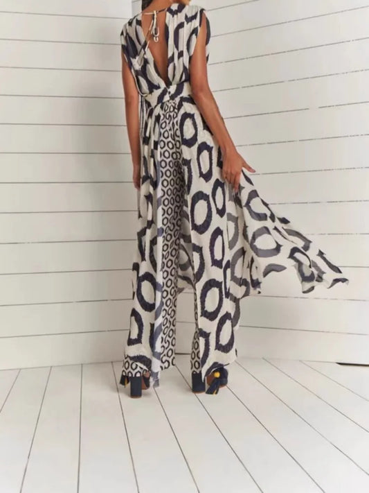 Ladies Two-piece Suit Printed Sleeveless V-Neck Lace-Up Top + Slim-Fit Trousers Set