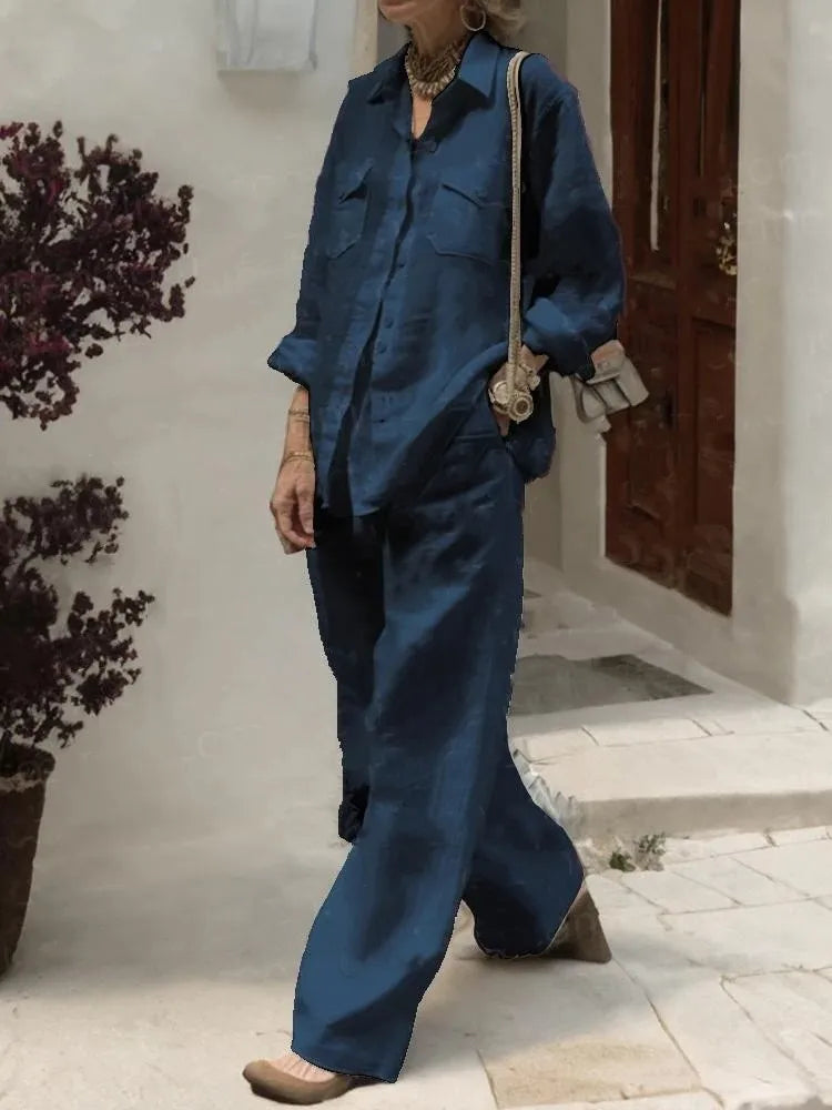 Women Elegant Lapel Neck Long Sleeve Shirt Pants Sets 2PCS Fashion Autumn Outfits Solid Work Trousers Suits Tracksuit