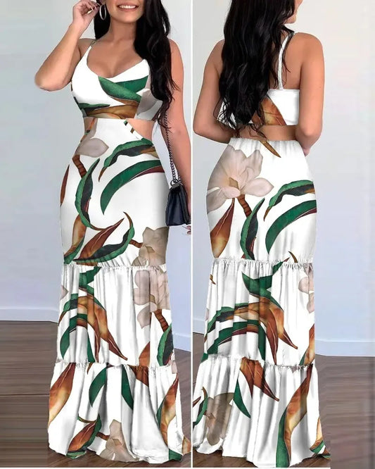 Women Dress Camisole Long  Print Folds Sleeveless Slim Fit V Neck Elegant A Line Splice Vestidos Beach Summer