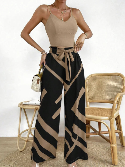 Ladies elegant two-pieces set solid color wide-leg pant