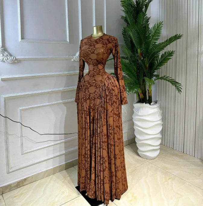 Women O-neck Long Sleeve Pleated Inner A-line  Evening Sexy Party Birthday Vacation Long Maxi Dresses Vestidos