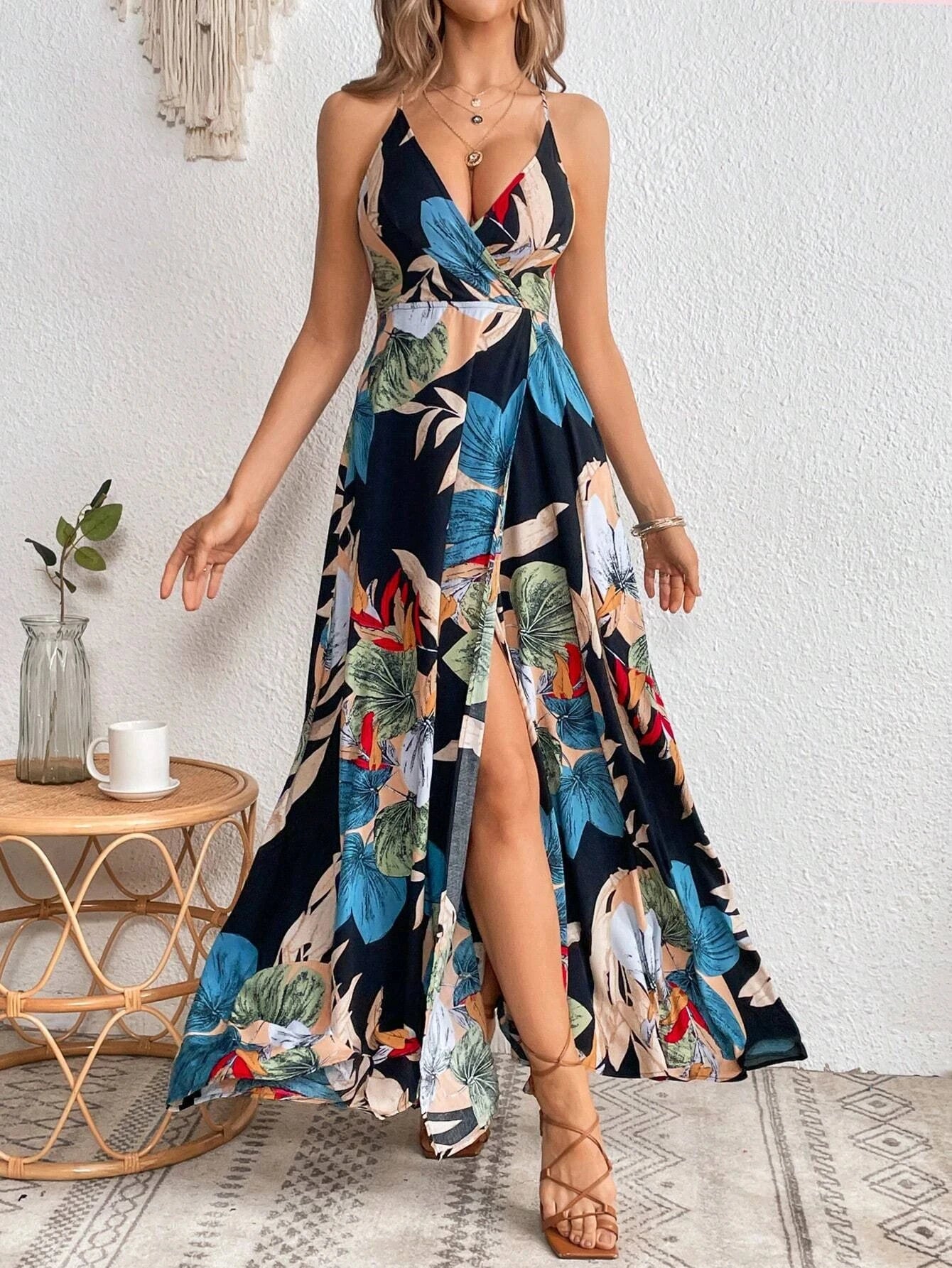 Women Tropical Print Thigh-High Slit Backless Spaghetti Strap Dress