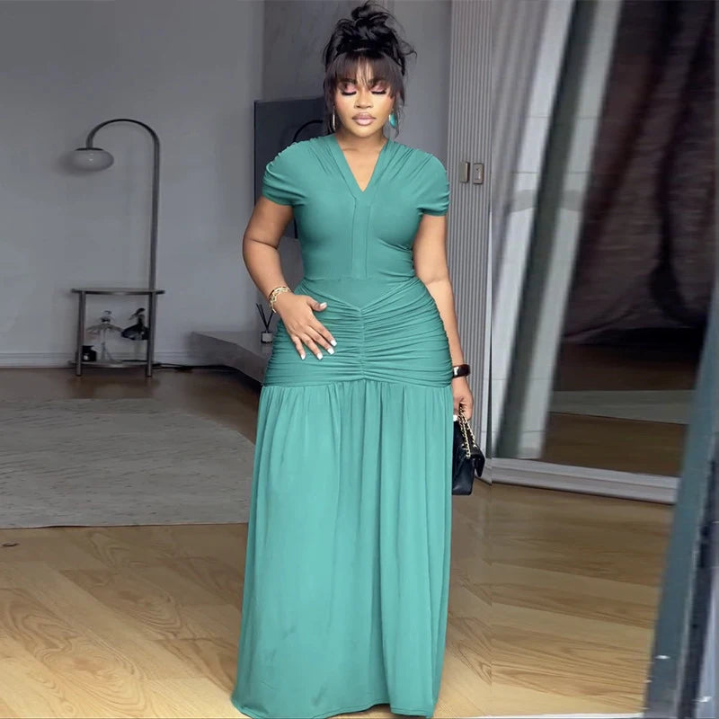 Women New Design Short Sleeve V Neck Slim Rushed Waist High Waist Long Dress