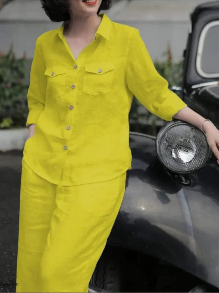 Women Elegant Lapel Neck Long Sleeve Shirt Pants Sets 2PCS Fashion Autumn Outfits Solid Work Trousers Suits Tracksuit
