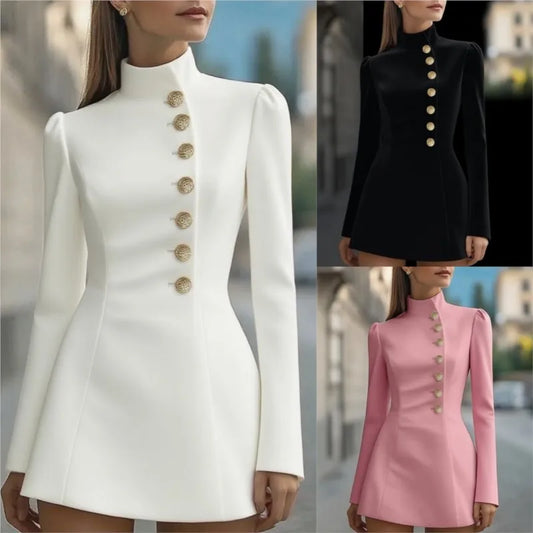 Women Temperament stand collar single breasted waist cinched long sleeved dress Spring Autumn  fashionable commuting short skirt