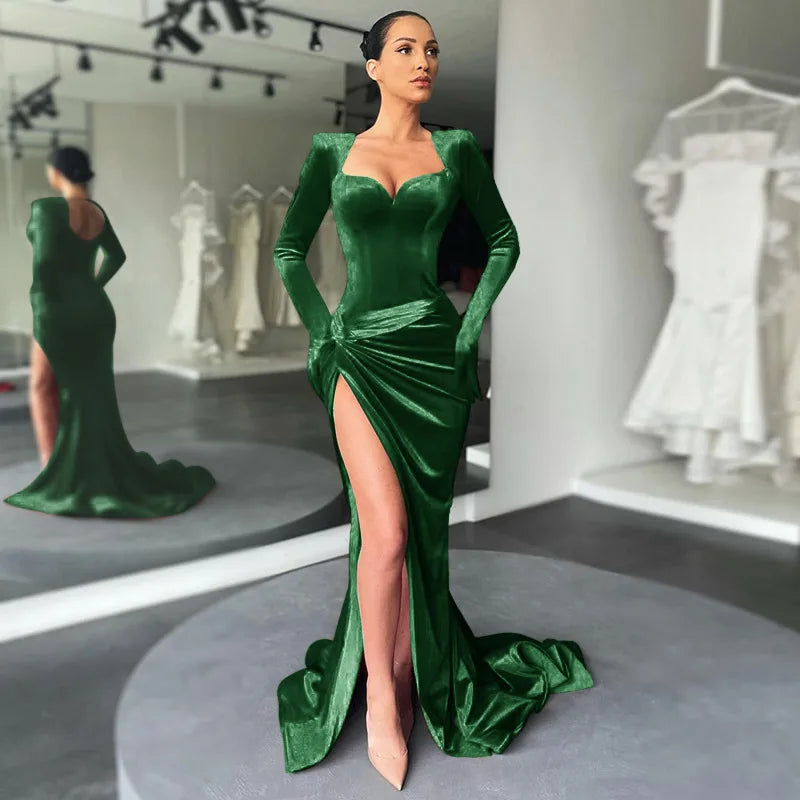 Women GACVGA Elegant Long Dress Evening Party Gown Outfits  Gloves Sleeve Red Velvet Sexy Slit Maxi Dresses Bridesmaid Vestidos
