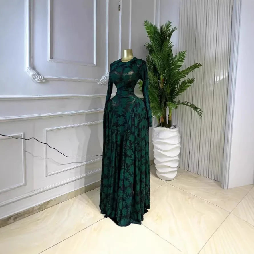 Women O-neck Long Sleeve Pleated Inner A-line  Evening Sexy Party Birthday Vacation Long Maxi Dresses Vestidos