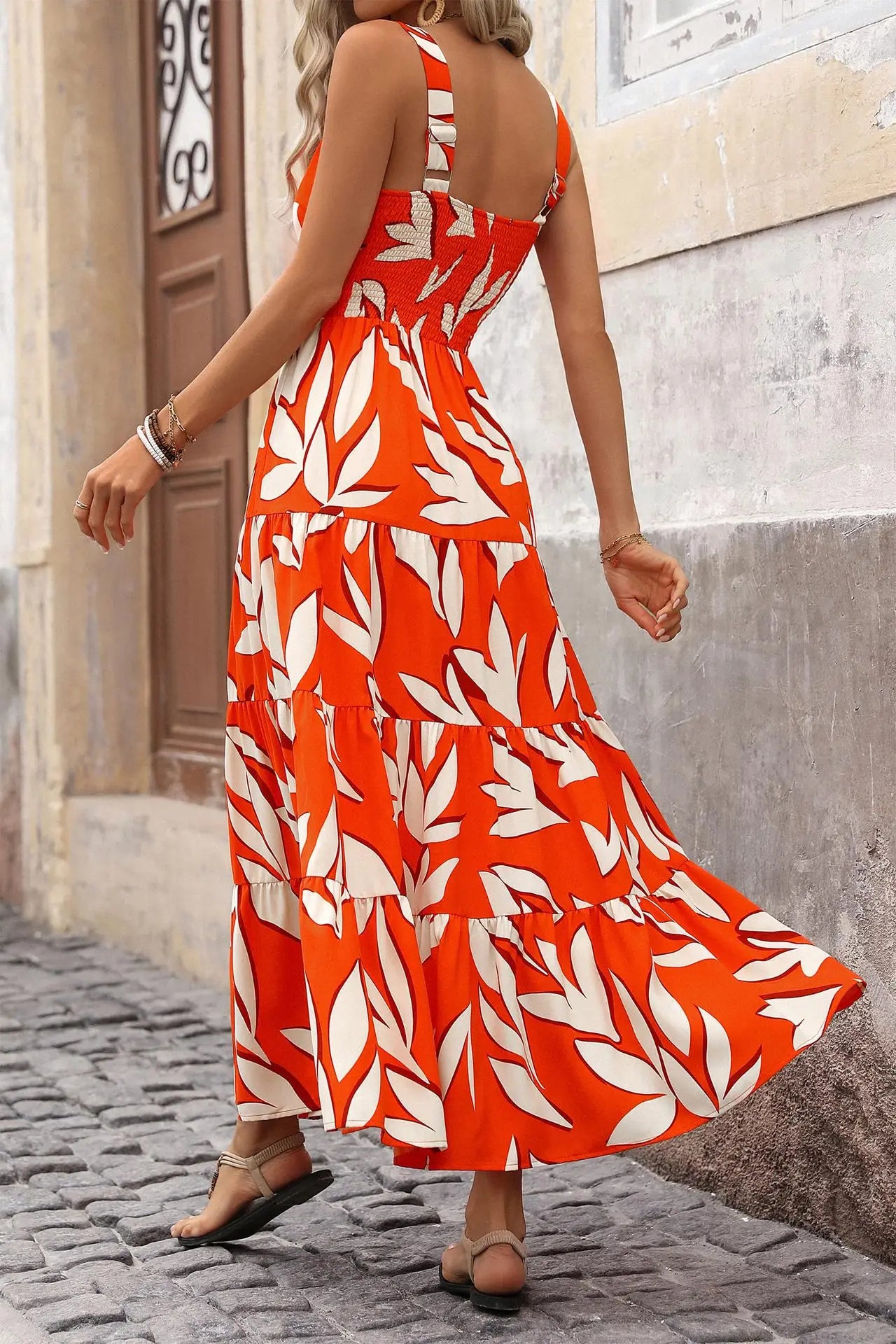 Women summer leaf print tank dress boho fashion casual ruffle trim long dress