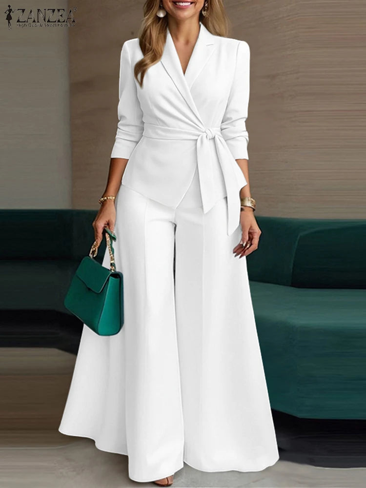 Ladies ZANZEA Elegant 2 Pieces Pant Sets Long Sleeve Belted Lightweight Blazer & Wide Leg Suits Office Lady Commuting Sets