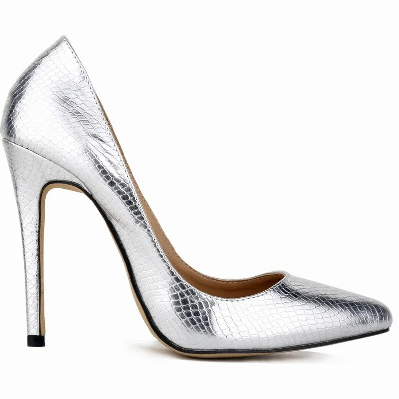 Women High Heels Classic Style Pointed Toe Slip On 12cm Elegant  Crocodile Plain Stilettos Sexy Pumps  Wedding Shoes