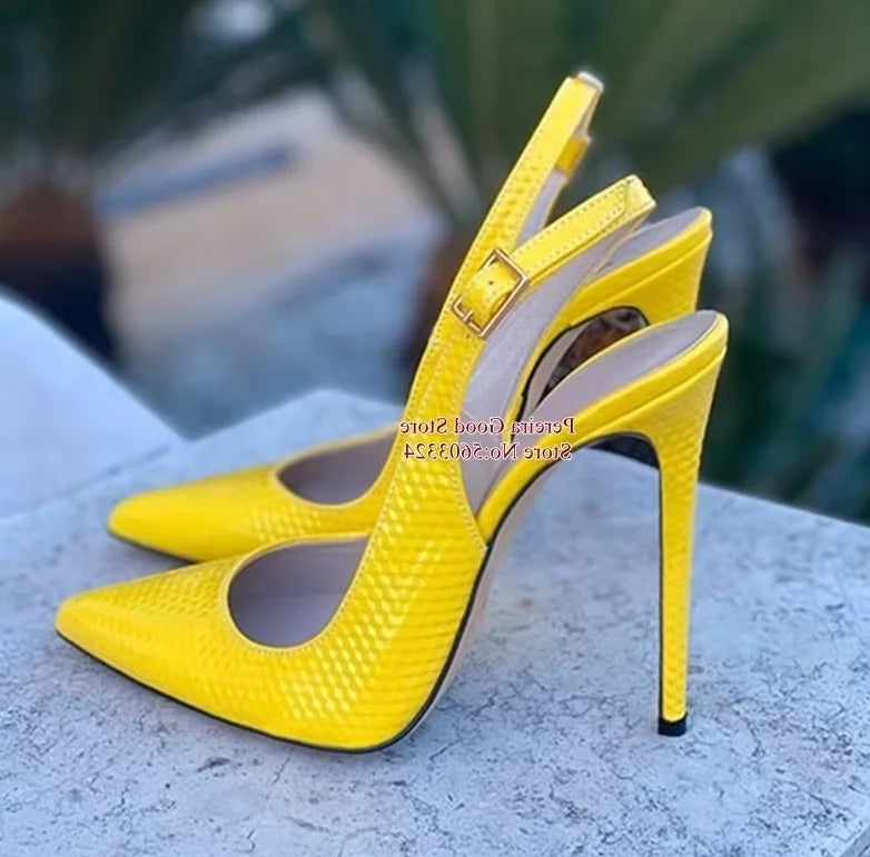 Women Yellow Snakeskin Slingback Pumps Pointy Toe Shallow Stiletto Heels Dress Shoes Cut-out Heels  Shoes 12Cm 10Cm 8Cm