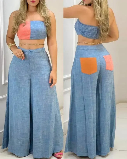 Ladies Two Piece Sets Summer Fashion Color block Bandeau Sleeveless Shirring Crop Top and Casual Wide Leg Long Pants Set