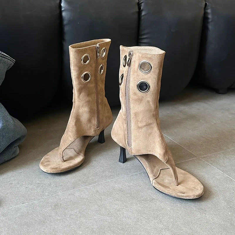 Women Summer Spring Fashion Hollow Metal Thin Heels Flip Flops Open Toe  Heel Sandals Boots Shoes