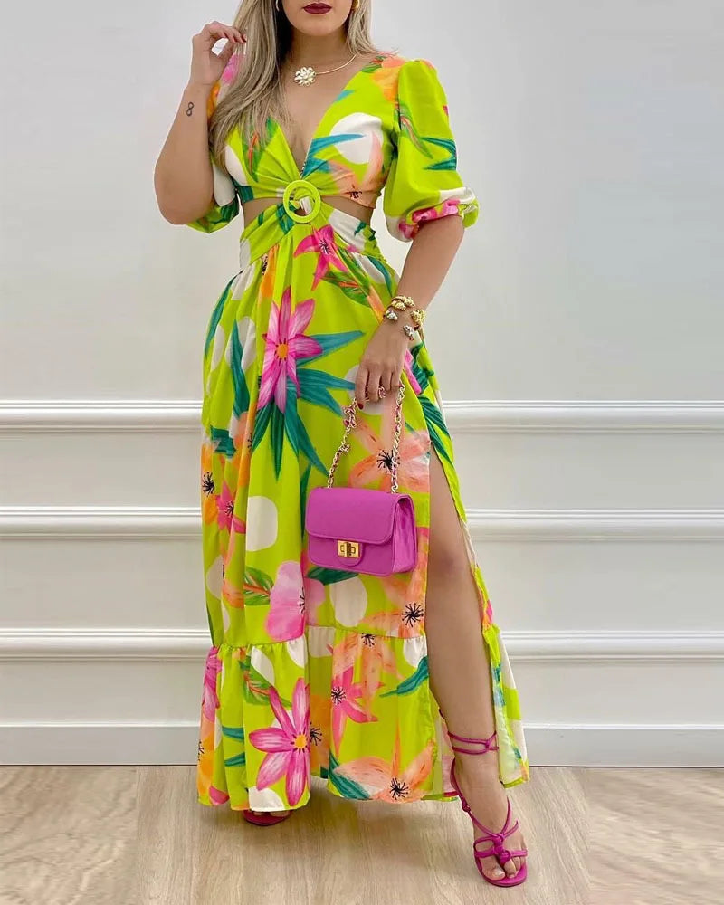 Ladies Spring Long Sleeved Cutout V-Neck Twist  Elegant Tie Dyed Floral Printed Lantern Sleeve Split Thigh Maxi Dress